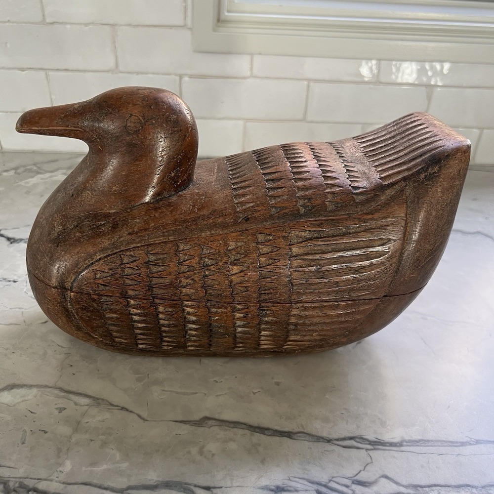 Vintage Teak Wood Duck Box Hand‎ Carved Folk Art Humidor Decoy Trinket Thailand